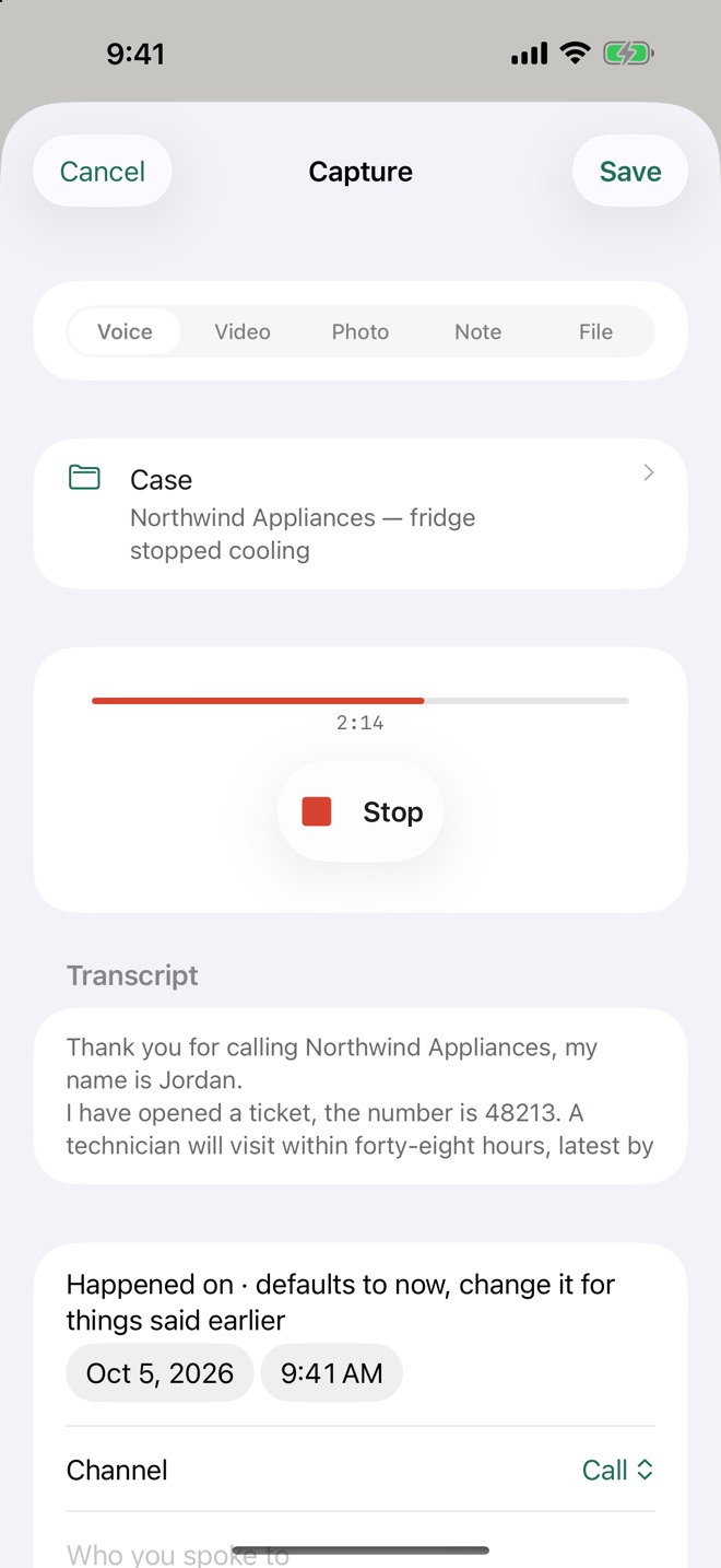 The Capture sheet: voice, video, photo, note or file, straight into a case or the Inbox