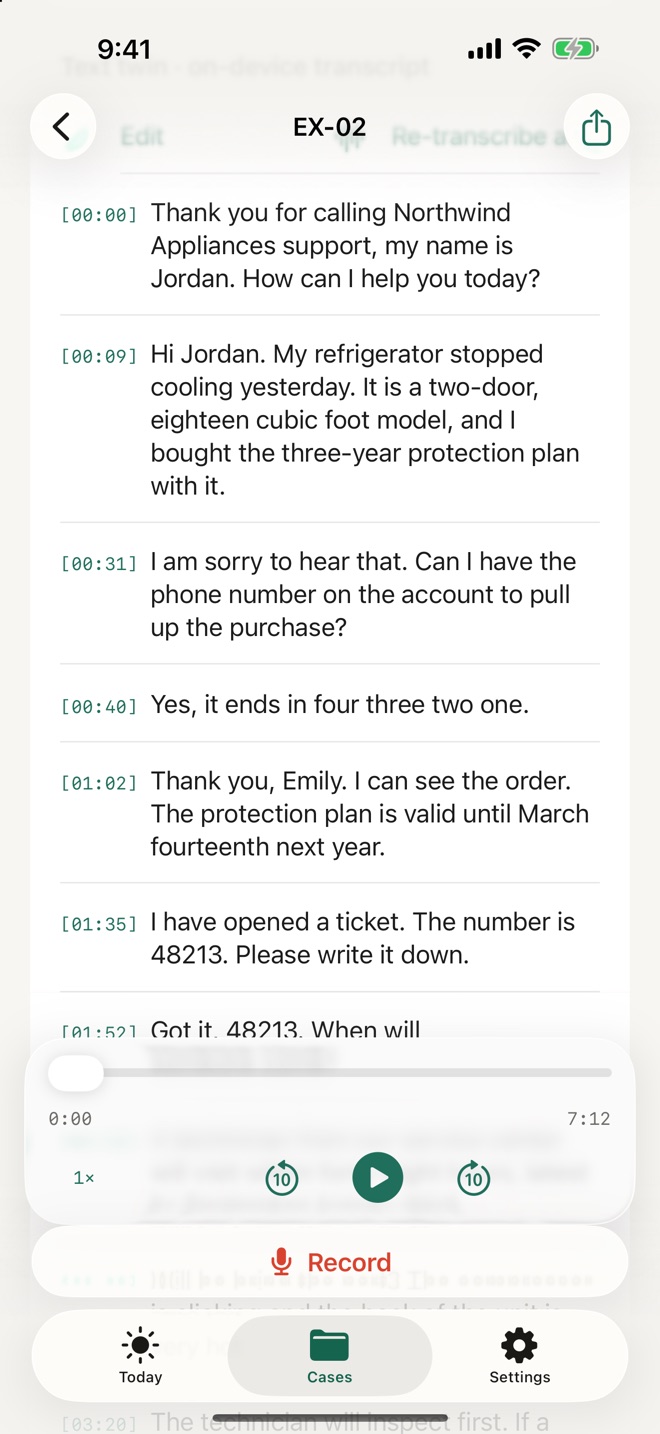 An exhibit: a 7-minute call with its time-stamped transcript and a floating player