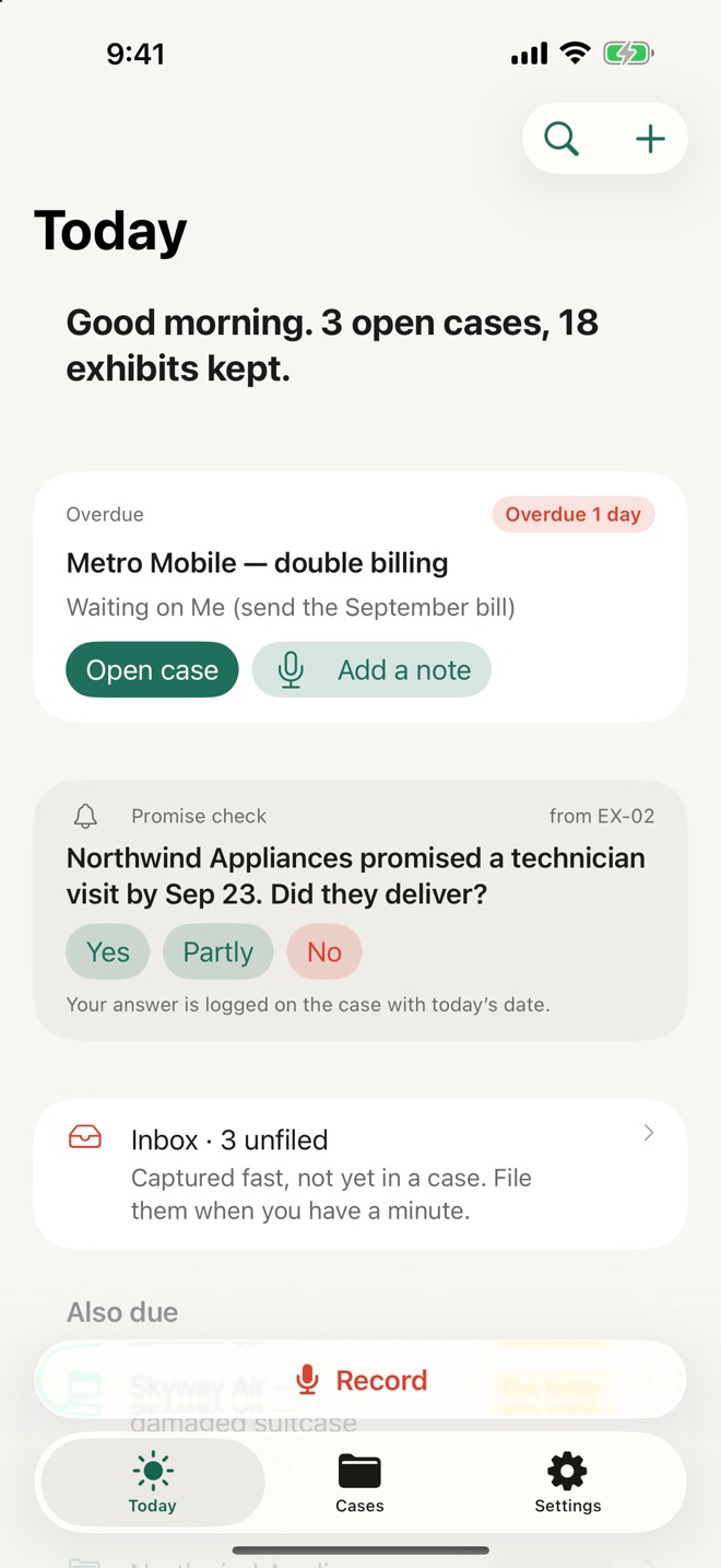 Saboot's Today screen: a promise due, open cases and capture buttons
